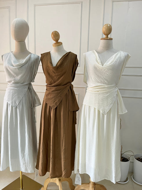 Women Summer Flowy Flare Skirts With Cowls Neck Loose Tops Sets